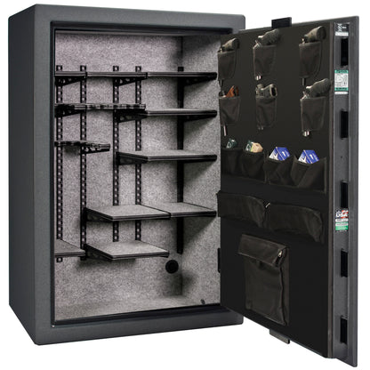 Colonial 35 | Pro Flex Interior | Level 4 Security | 75 Minute Fire Protection | Dimensions: 60.5"(H) x 42"(W) x 22"(D) | Up to 45 Long Guns | Granite Textured | Electronic Lock – Open