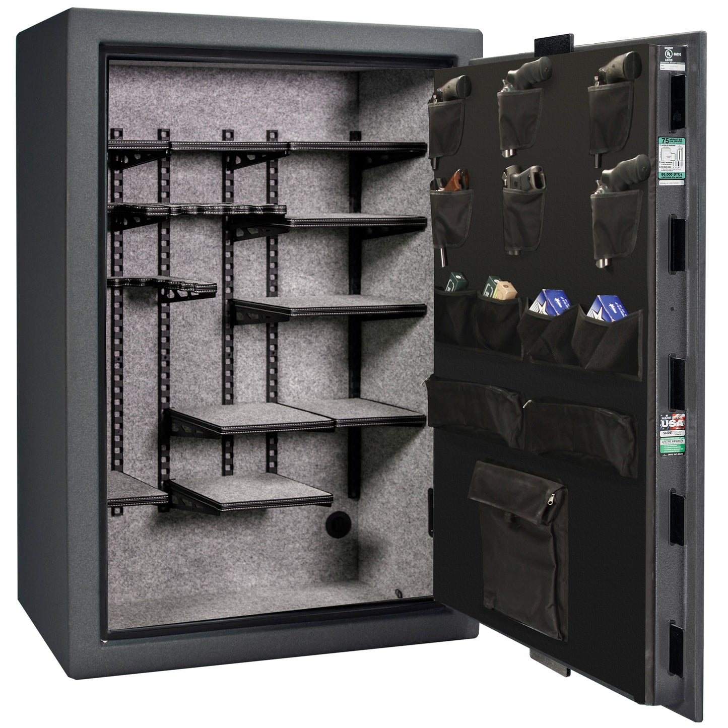 Colonial 35 | Pro Flex Interior | Level 4 Security | 75 Minute Fire Protection | Dimensions: 60.5"(H) x 42"(W) x 22"(D) | Up to 45 Long Guns | Granite Textured | Mechanical Lock – Open