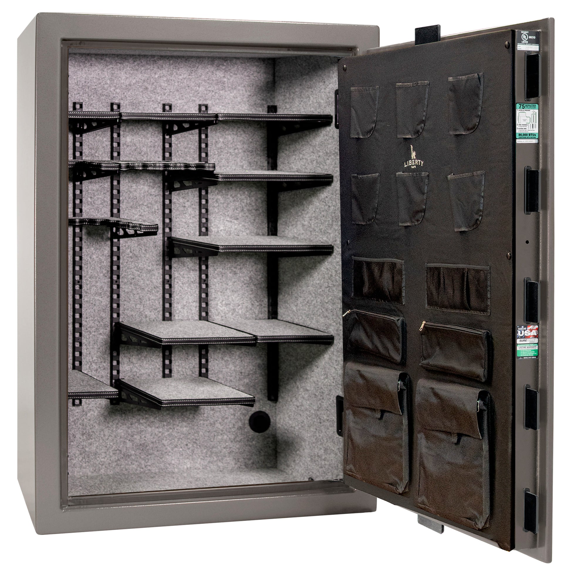 Colonial 35 | Pro Flex Interior | Level 4 Security | 75 Minute Fire Protection | Dimensions: 60.5"(H) x 42"(W) x 22"(D) | Up to 45 Long Guns | Gray Gloss | Electronic Lock - Open