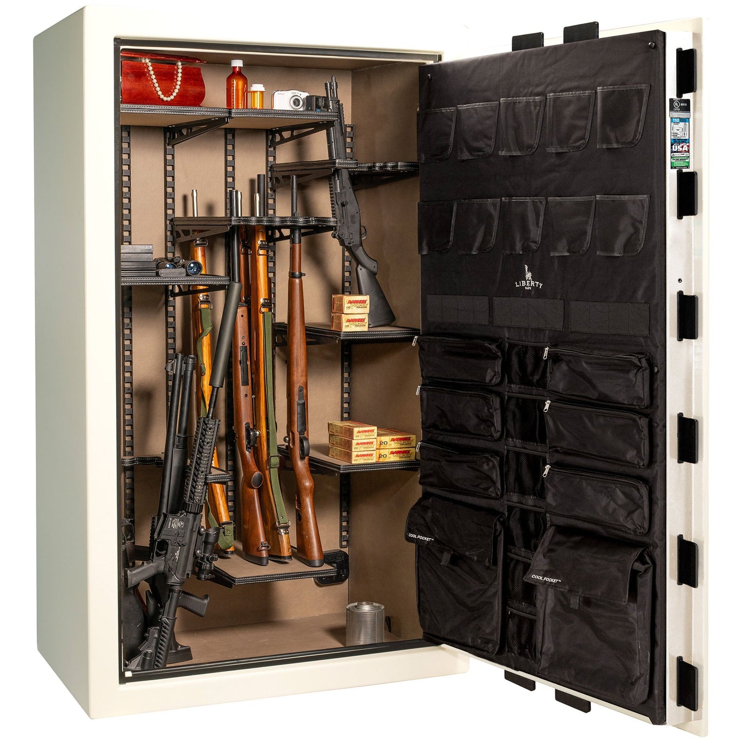 Franklin Series | Level 5 Security | 110 Minute Fire Protection | 50 | DIMENSIONS: 72.5"(H) X 42"(W) X 27.5"(D*) | White Gloss Black Chrome | ProFlex Modular Shelving - Open Door