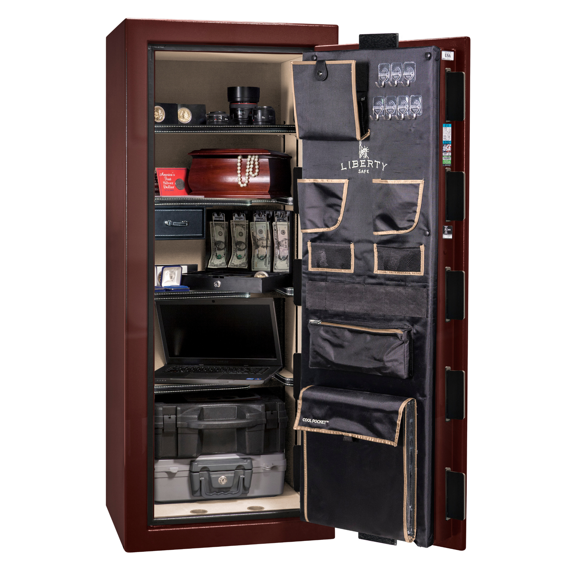 Premium Home Series | Level 7 Security | 2 Hour Fire Protection | 17 | Dimensions: 59.25"(H) x 24"(W) x 20.25"(D) | Burgundy Gloss Black Chrome - Open Door