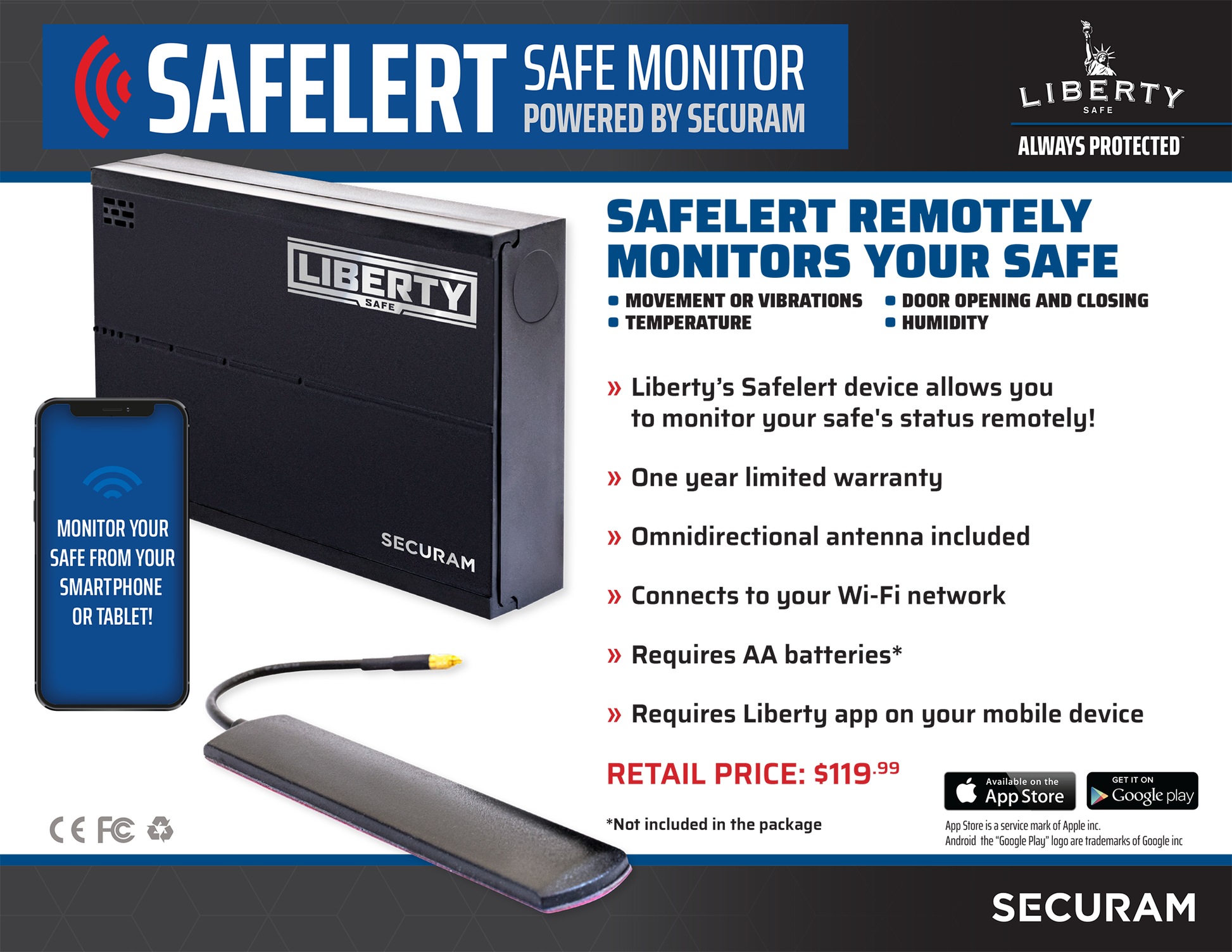 SafElert Securam Safe Monitor | Remotely Monitor Temperature, Humidity, Door Status and Vibration | Flyer
